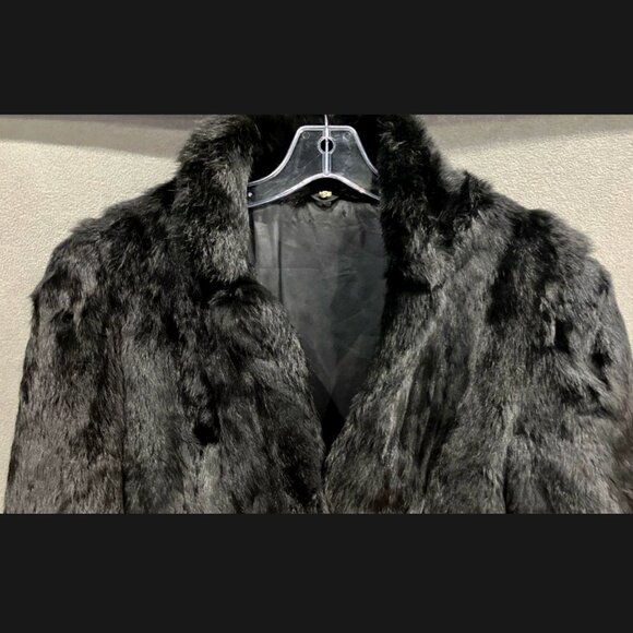 Vintage Black Rabbit Real Fur Coat Woman's Small Mobwife Cropped Bomber Jacket - Picture 3 of 7